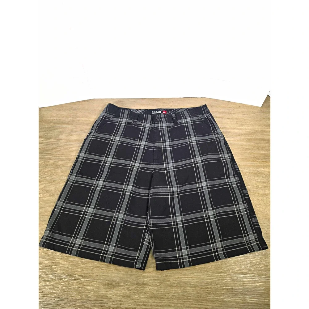Y2K Quiksilver Men’s Black/Gray Plaid Chino Shorts Flat Pockets Applied Logo 34